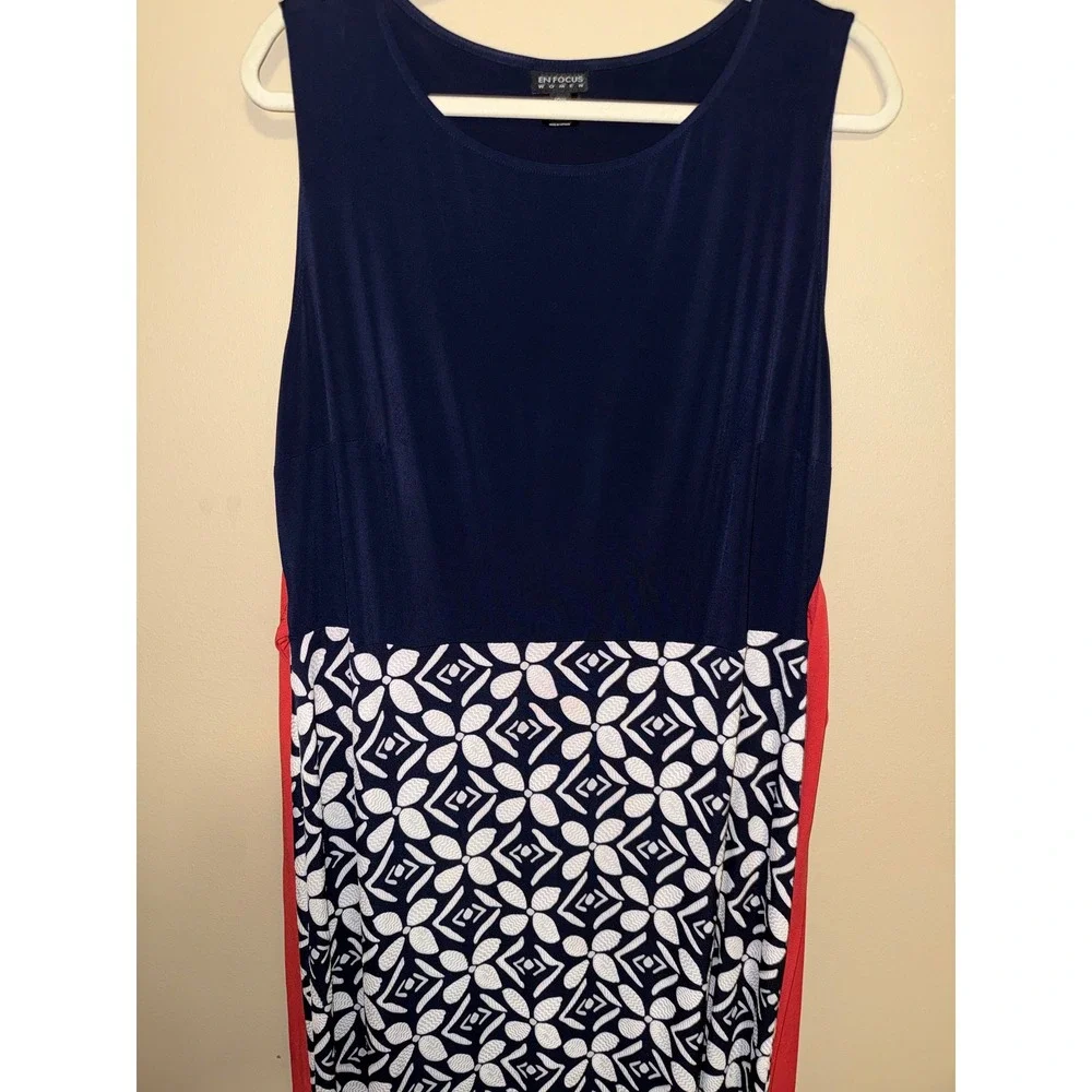 Navy Blue‎ Geometric Maxi Dress Orange Waist Tie Womens 16W Nautical Vacation